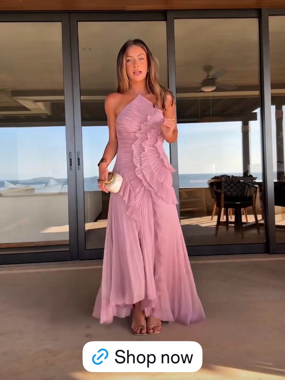 Women’s Pleated Ruffle Maxi Dress in Dusty Pink